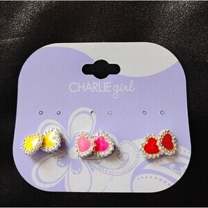 CHARLIE girl 3-Pair Heart Stud Earring Set Enamel Rhinestone Colorful